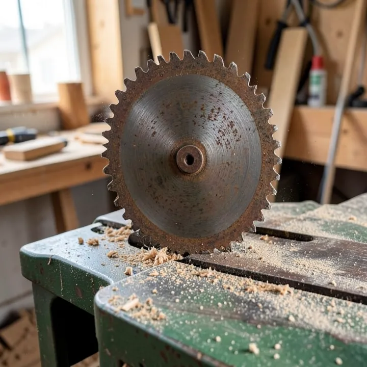 Worn, rusty circular saw blade mounted in an old table saw, showing decades of use