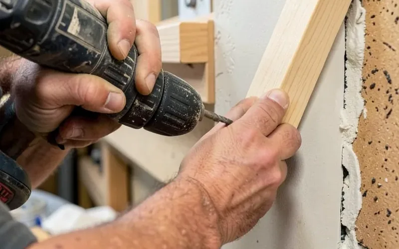 carpenter driving a screw to attach a wood French cleat strip into a wall stud