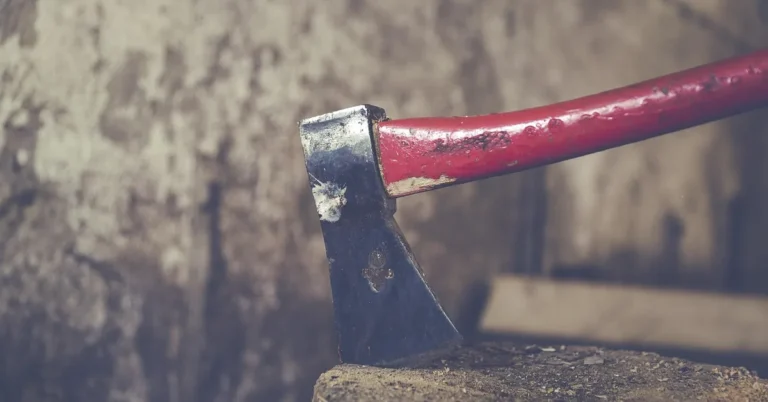 Axe blade wedged into the end grain of a cut wood chopping block
