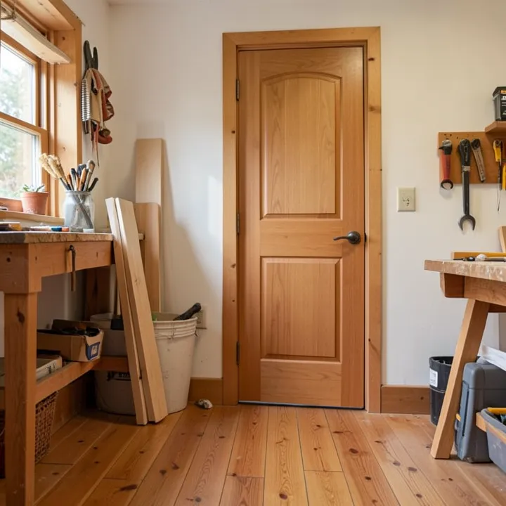 A hardwood floor and matching solid-wood interior door in a finished room