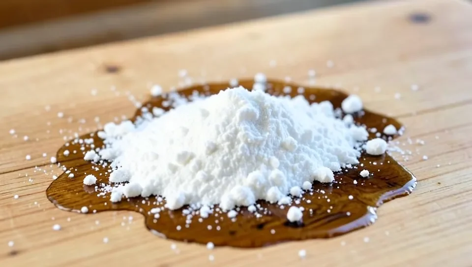 Baking soda poultice absorbing an oil stain on wood