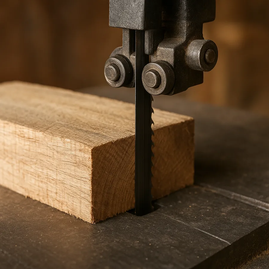 Band saw blade cutting through a thick oak board showing the blade guides