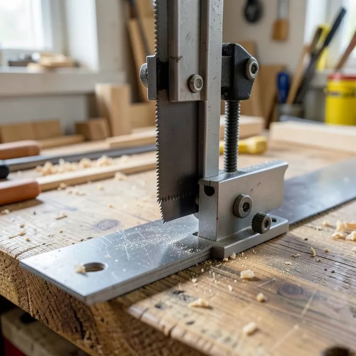 Close-up of a band saw blade and blade guide assembly on a workshop table
