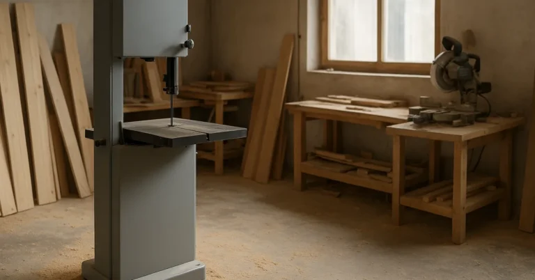 Seven band saws for woodworking compared side by side in a home workshop