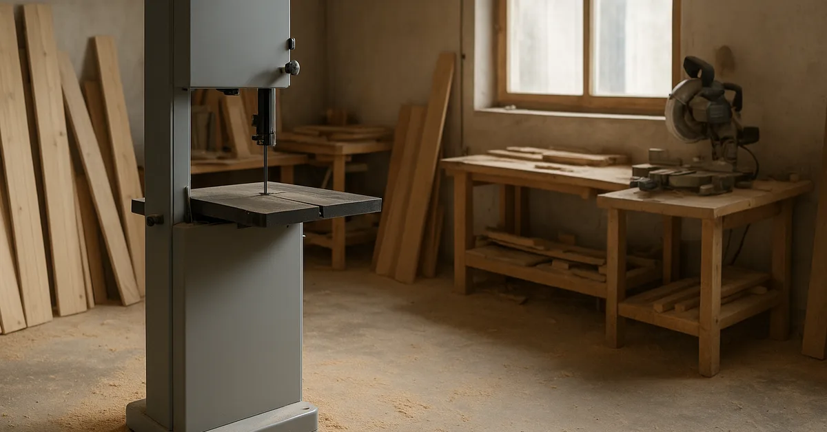 Seven band saws for woodworking compared side by side in a home workshop