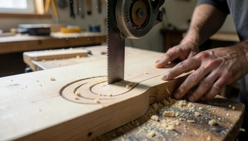 Close-up of a band saw blade cutting a curved line through a wood board