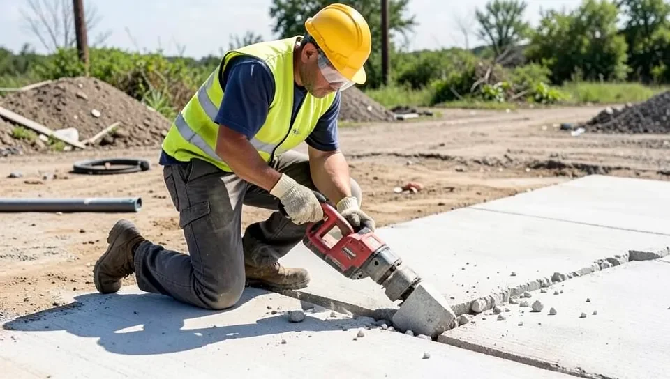Worker using a cordless battery-powered demolition hammer to break concrete
