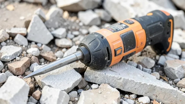 Cordless battery-powered demolition hammer on broken concrete rubble