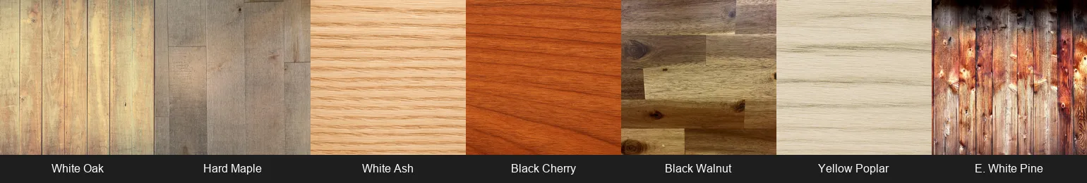 Side-by-side grain comparison of seven bed frame wood species Side-by-side grain comparison of seven bed frame wood species