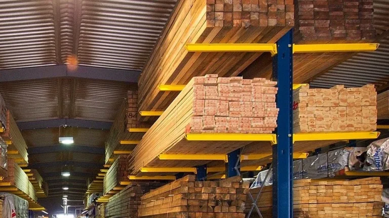 Lumber supplier warehouse with timber stored on cantilever racks