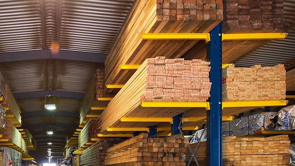 Lumber supplier warehouse with timber stored on cantilever racks