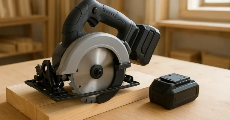 Cordless battery-powered circular saw with spare battery on a workbench