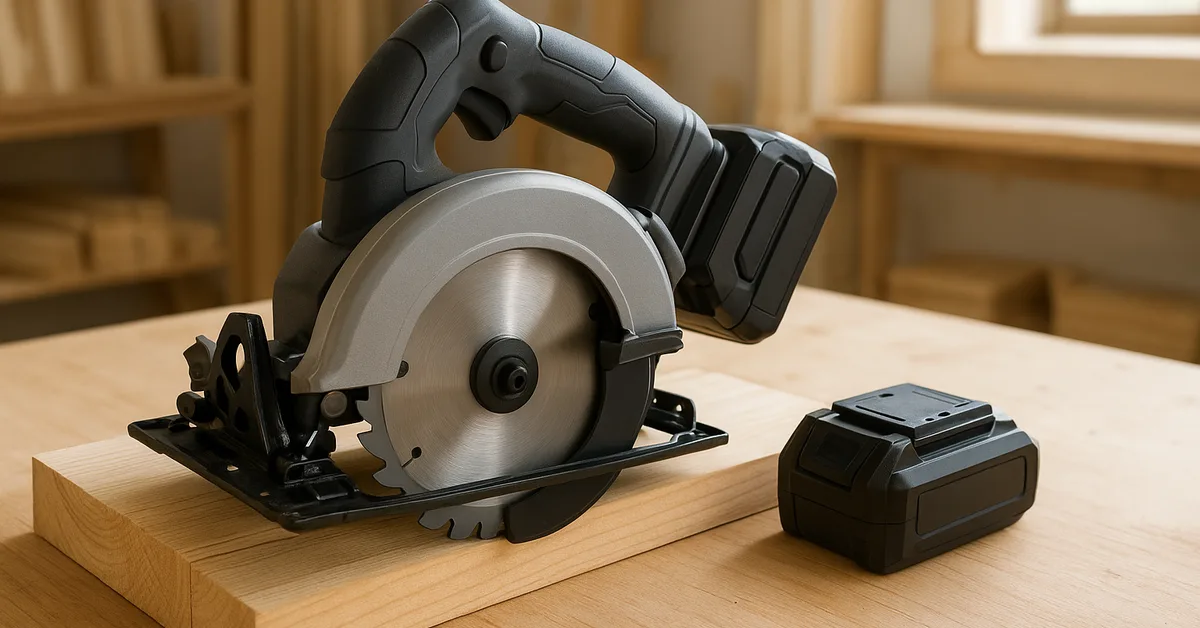 Cordless battery-powered circular saw with spare battery on a workbench