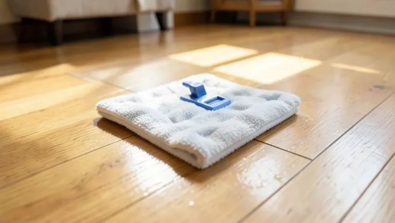 Microfiber spray mop cleaning a hardwood floor with a wood-safe cleaner