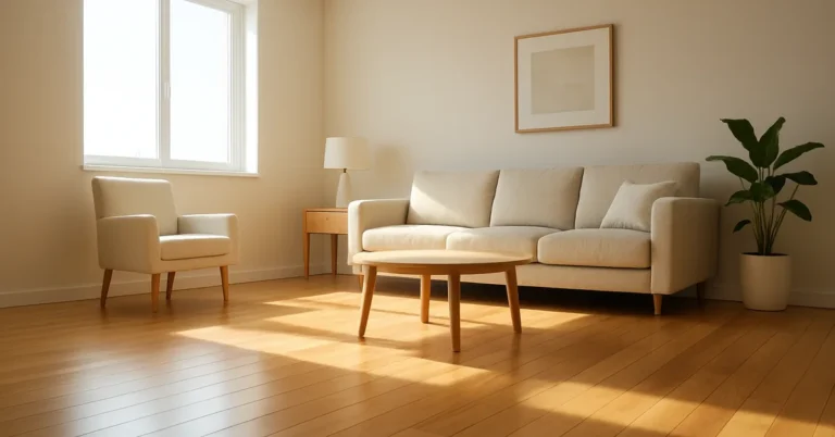 Bright sunlit living room with warm hardwood floor, representing the sealed hardwood surfaces electric mops in this guide are rated for