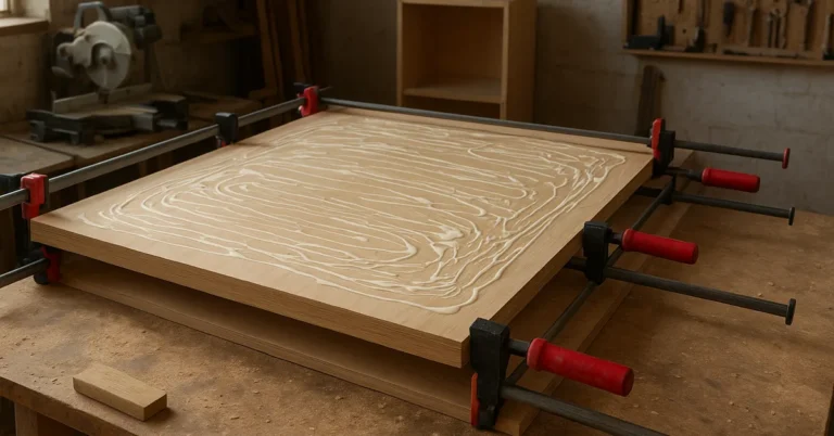 Plywood panels being glued and clamped together on a workbench