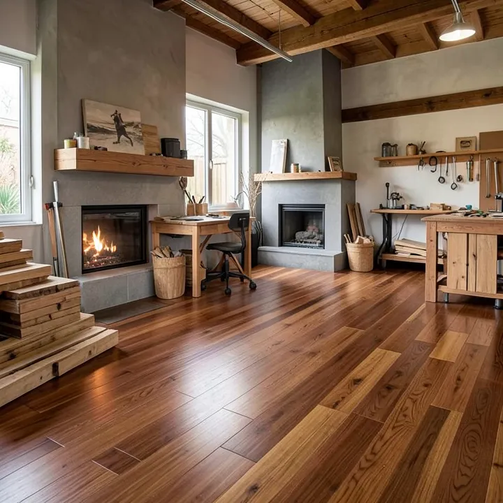 warm brown hardwood floor color in a modern living room with fireplace