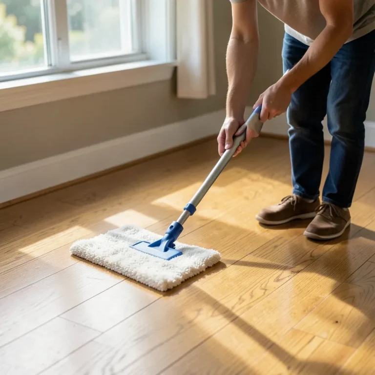 Mopping a hardwood floor with a microfiber mop