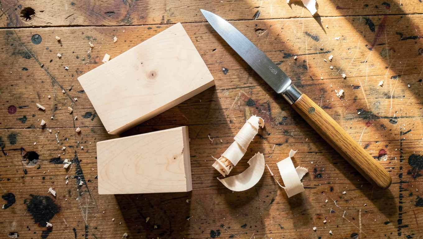 Basswood carving blocks, a carving knife, and wood shavings on a workbench, showing the ideal soft even-grained wood for carving