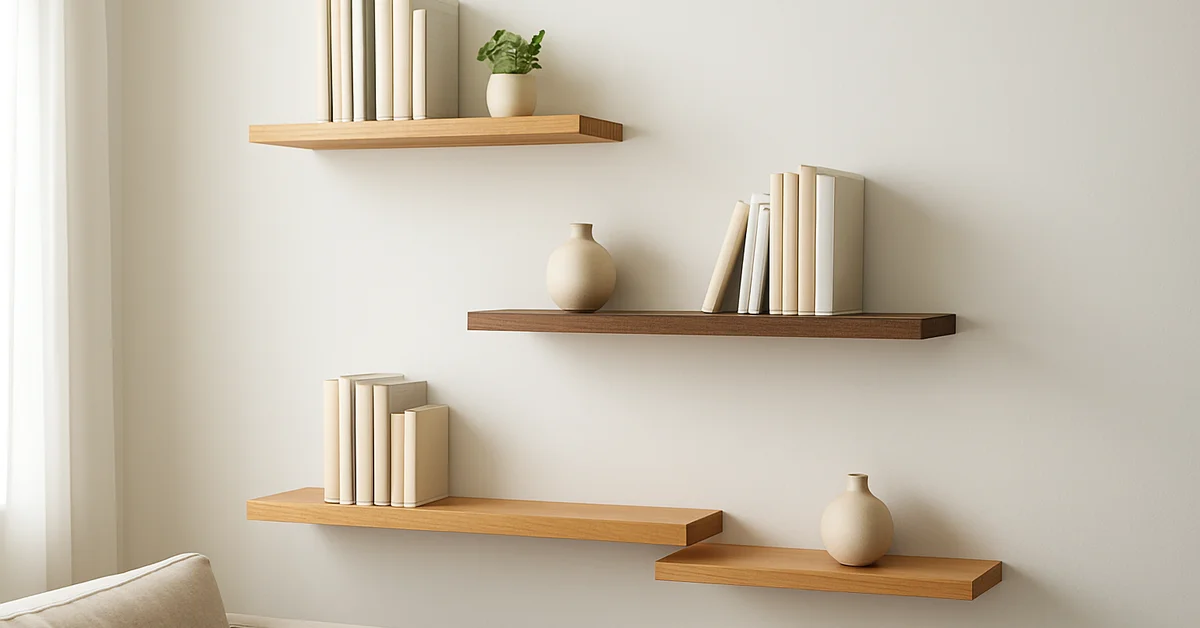 Wood floating wall shelves in oak, walnut, and maple tones with books and decor
