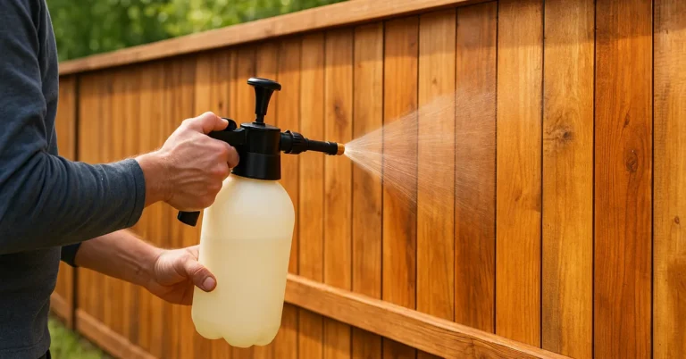 Spraying oil-based wood preservative onto a wooden fence with a handheld pump sprayer