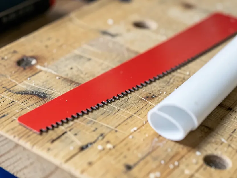 Red bi-metal reciprocating saw blade next to a freshly cut section of white PVC pipe on a workbench
