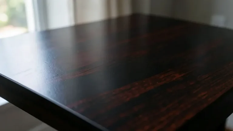 Close-up of a mahogany tabletop stained deep black, with the reddish mahogany grain still faintly visible through the finish
