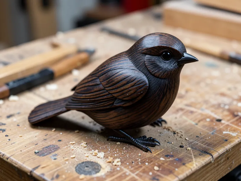 Finished black walnut wood carving of a bird, showing the dark grain and fine carved detail