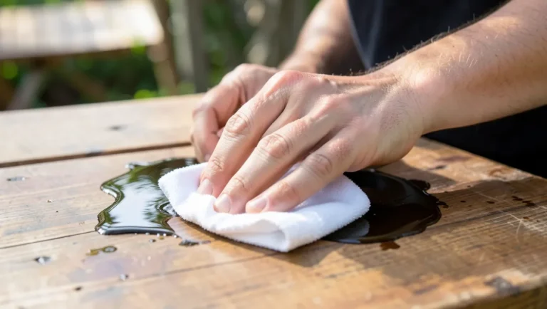 Blotting an oil spill on a wood table with a cloth