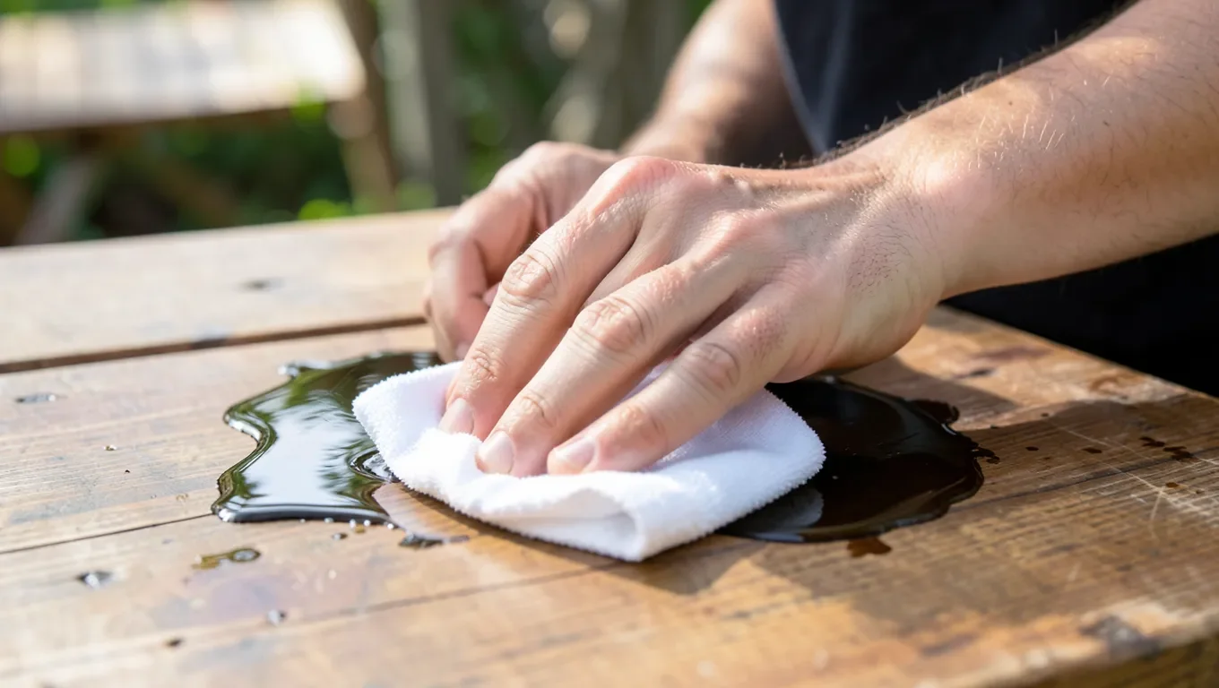 Blotting an oil spill on a wood table with a cloth