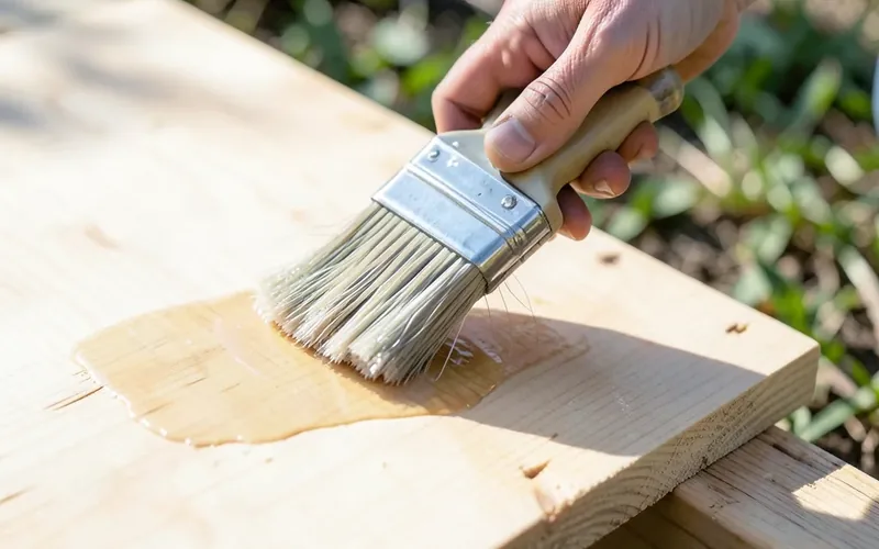 brushing clear wood preservative sealant onto a raw pine board outdoors brushing clear wood preservative sealant onto a raw pine board outdoors