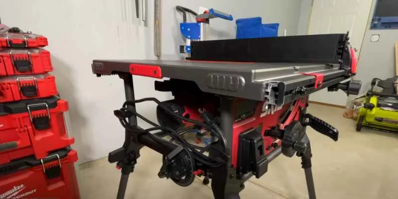 Budget jobsite table saw set up in a home garage workshop