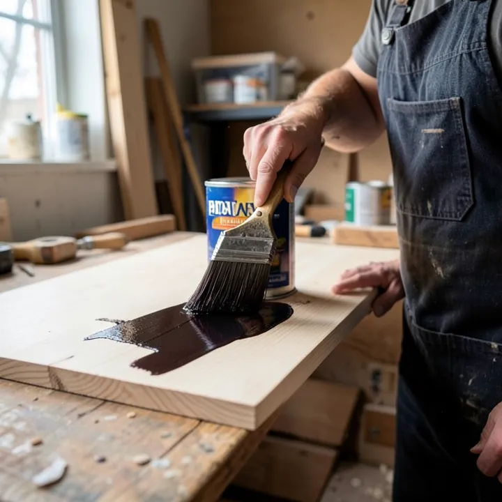 Carpenter applying dark wood stain by brush over a bare pine board straight from the can Carpenter applying dark wood stain by brush over a bare pine board straight from the can