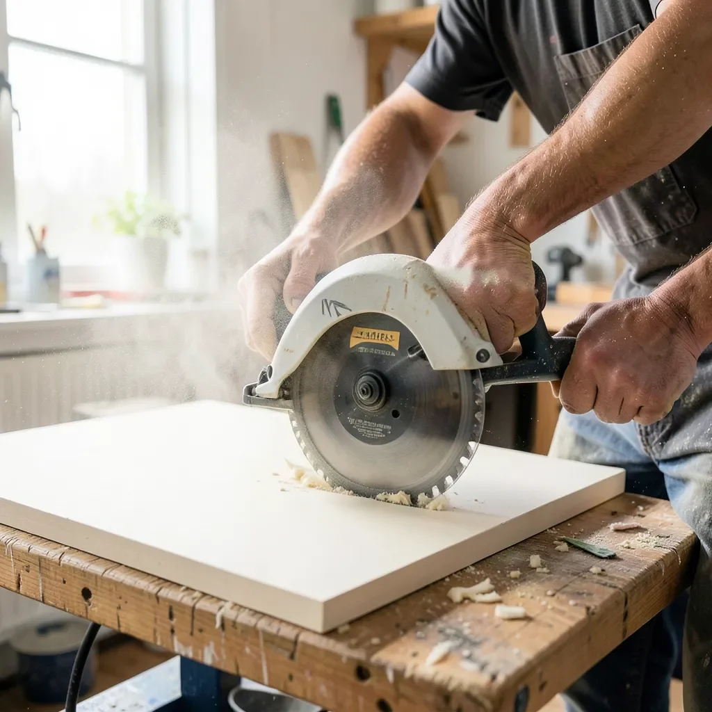 Circular saw cutting through a sheet of drywall on a workbench with visible dust