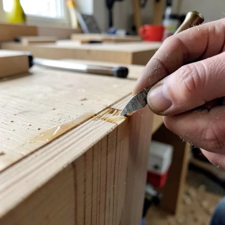 Sanding through the stain film at a glue joint to reach bare wood fibers