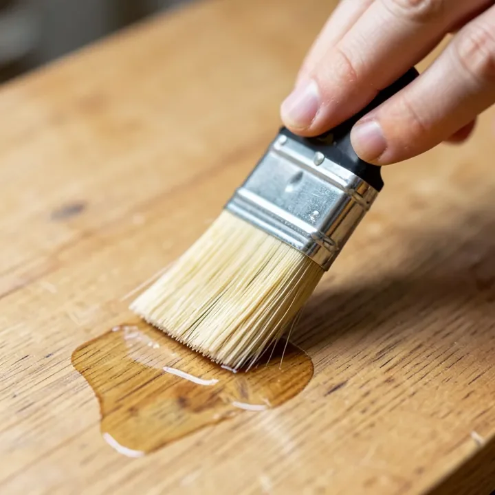 brushing a thin coat of dewaxed shellac barrier coat onto a wood surface before applying polyurethane