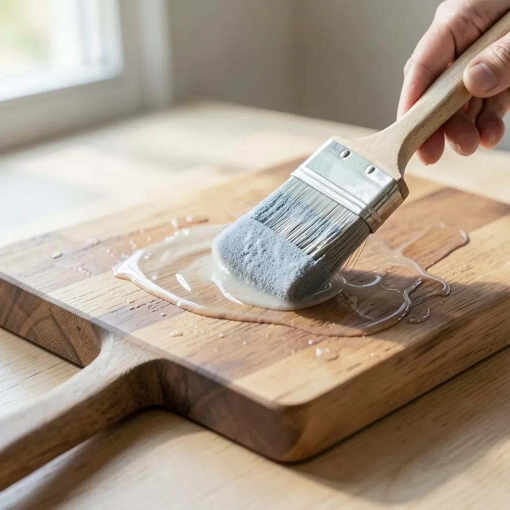 brushing clear polyurethane finish onto a wood surface