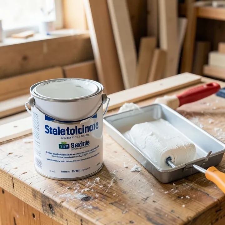 opened can of white paint next to a roller tray, the kind of opened can stores scrutinize on a return opened can of white paint next to a roller tray, the kind of opened can stores scrutinize on a return