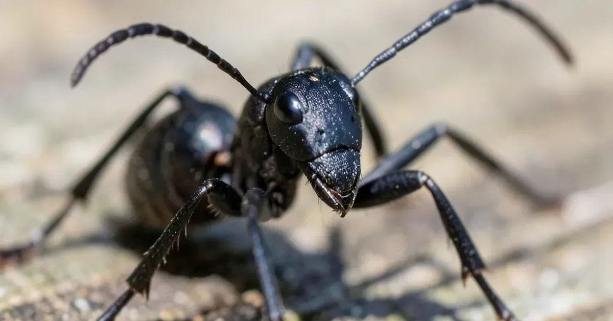 Close-up of a black carpenter ant showing elbowed antennae and narrow waist
