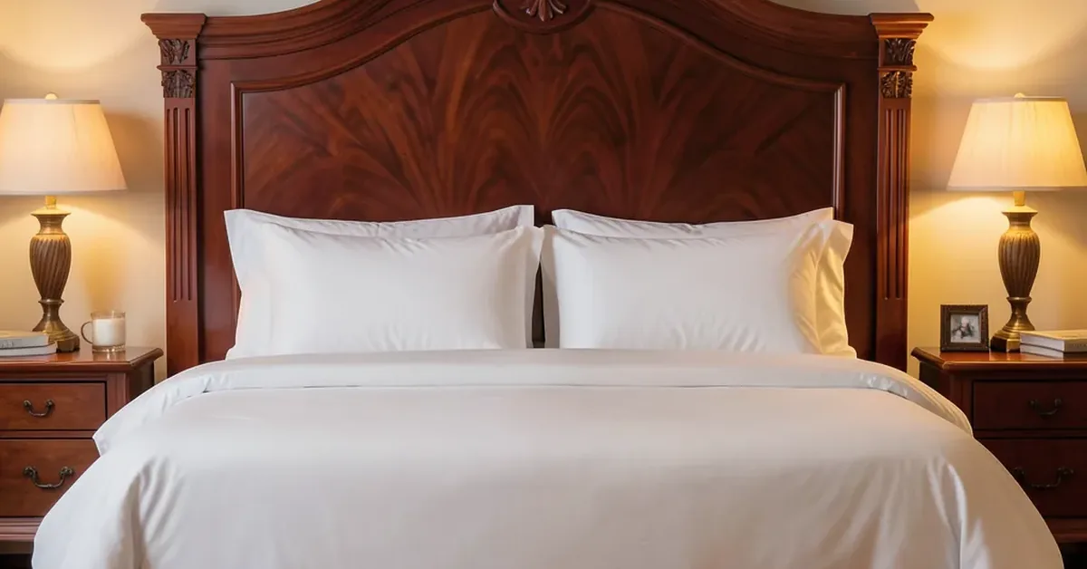 carved solid mahogany wood king size headboard in a warm bedroom