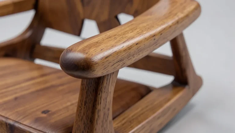Close-up of a sculpted wooden rocking chair armrest with a hand-carved scoop