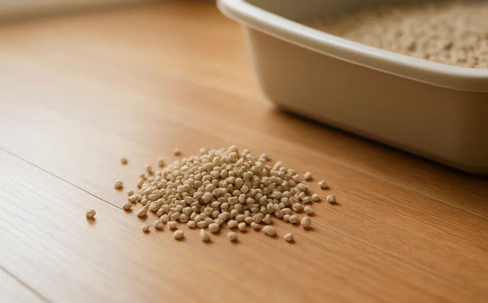 Cat litter granules scattered on a hardwood floor next to a litter box Cat litter granules scattered on a hardwood floor next to a litter box