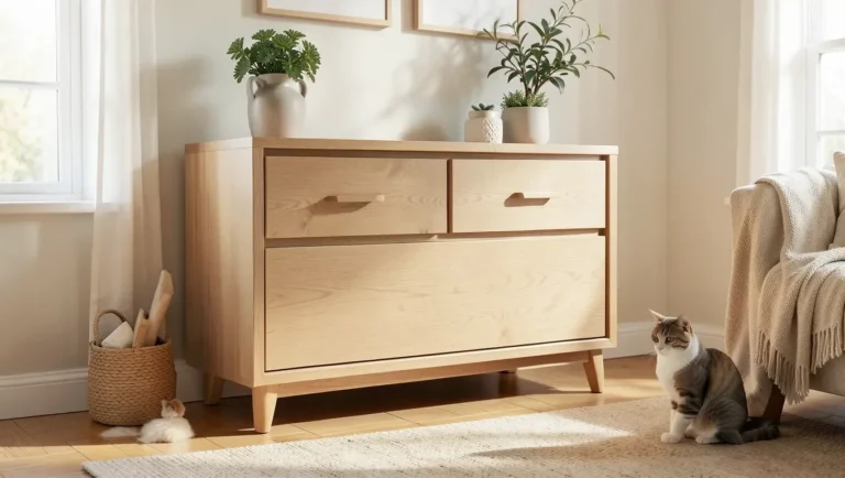 Wooden dresser furniture in a bright living room with a cat nearby