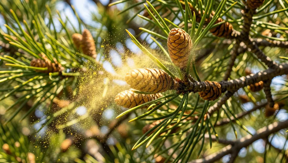 Close-up of male juniper cones releasing a visible cloud of pollen