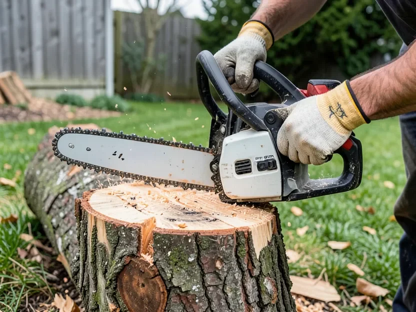 16-inch bar chainsaw cutting through a medium firewood log