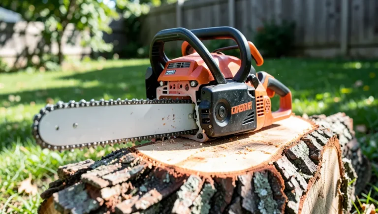 Cordless chainsaw resting on a freshly cut log in a backyard