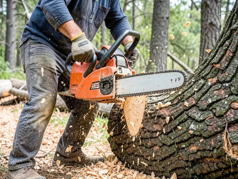 18-inch bar chainsaw cutting through a thick tree trunk