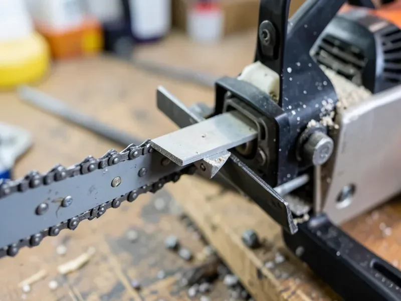 Bar-mounted filing guide holding a flat file against a chainsaw chain cutter for square filing