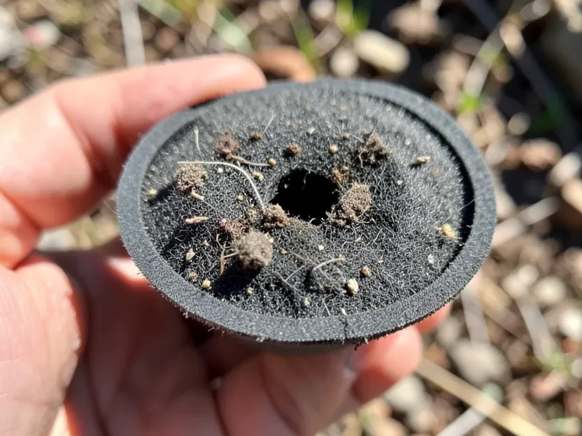 A dirty, dust-clogged chainsaw air filter that restricts airflow and can cause black smoke