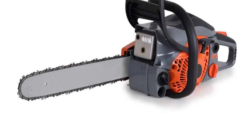 Close-up of a chainsaw guide bar and chain